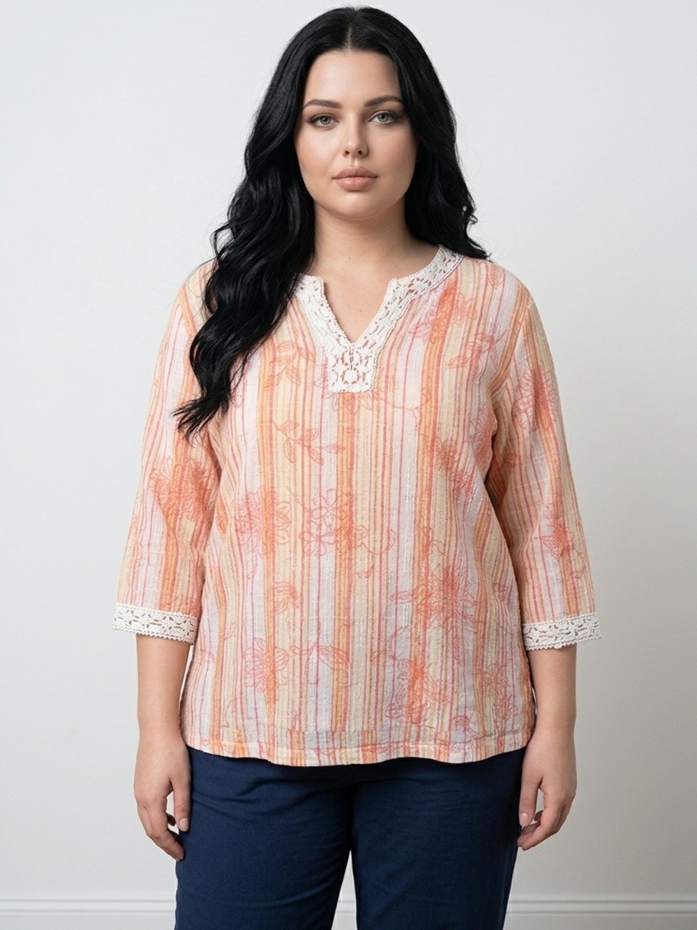 Alfred Dunner Peachy Orange & White Striped Crochet-Trim Tunic